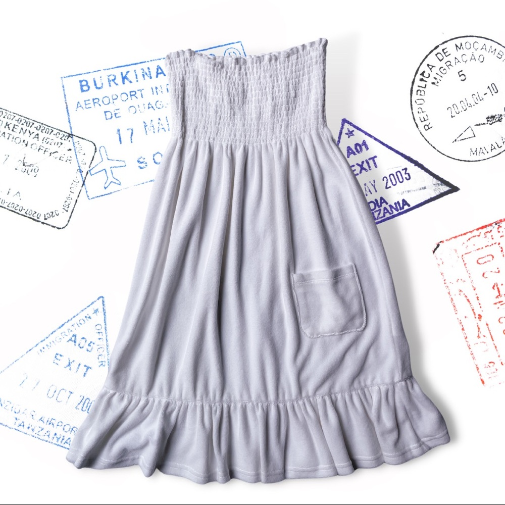 Y2K Vintage White Shirred Smocked Terry Cloth Bandeau Mini Dress Coverup